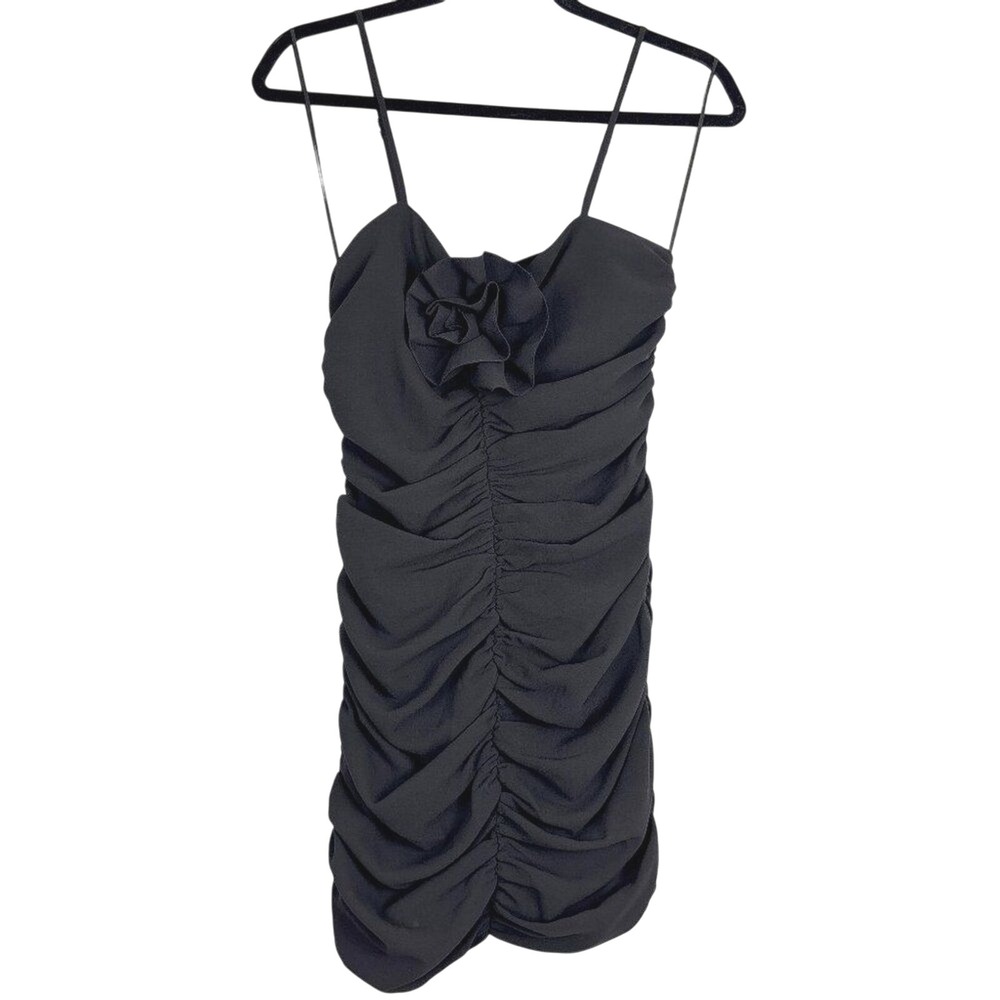 Dynamite Black Mini Dress Women's XS Ruched Rosette Strap Bodycon NWT Cocktail